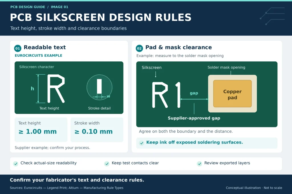 pcb silkscreen design rules minimum text clearance chart