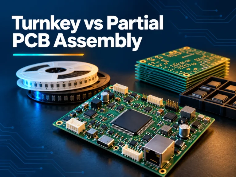 Turnkey vs partial PCB assembly with a populated circuit board, component reels and bare PCBs
