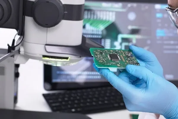 Gloved hands holding an assembled circuit board beside a microscope